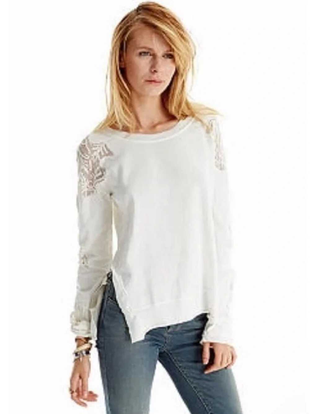 FREE PEOPLE Outer Sunset Ivory Lace Jersey Top S